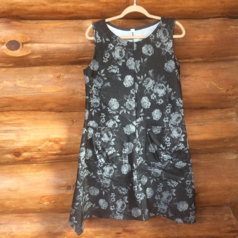 Jaye Gray Floral Chambray Boho Chic Dress Size Large Modest